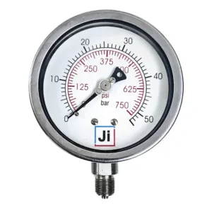 Japsin Instrumentation industrial pressure gauge 0-50 Bar 750 PSI 100 mm dial SS304 bayonet case SS316L internals 3/8 inch BSP bottom entry