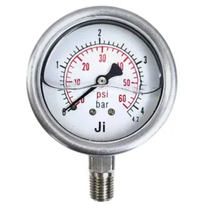 Japsin Instrumentation glycerin filled industrial pressure gauge 0-4.2 Bar 60 PSI 63 mm dial with 1/4 inch NPT bottom entry stainless steel bayonet case