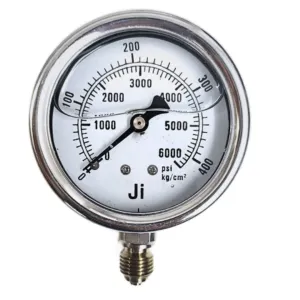 Japsin Instrumentation glycerin filled industrial pressure gauge 0-420 Kg/cm² 6000 PSI 63 mm dial with 1/4 inch BSP bottom entry and stainless steel bayonet case