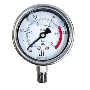 Japsin Instrumentation glycerin filled industrial pressure gauge 0-10 Bar 1 MPa 63 mm dial with 1/4 inch NPT bottom entry stainless steel bayonet case