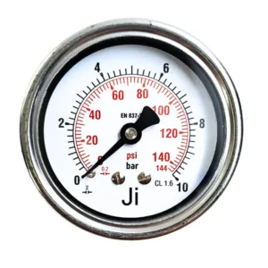 Japsin Instrumentation economical pressure gauge 0 to 10 Bar 144 PSI 63 mm dial back entry 1/4 BSP SS case SS wetted parts