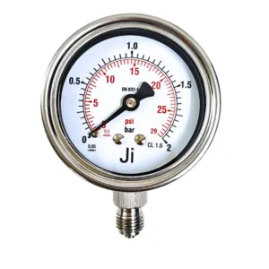 Japsin Instrumentation industrial pressure gauge 0-2 Bar 29 PSI 63 mm dial with 1/4 inch BSP bottom entry stainless steel bayonet type case