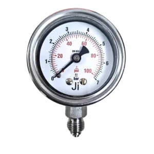 Japsin Instrumentation economical pressure gauge 0 to 7 Bar 100 PSI 50 mm dial bottom entry 1/4 BSP SS case SS wetted parts