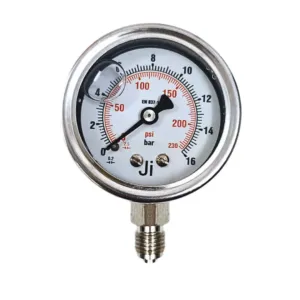 Japsin Instrumentation economical glycerin filled pressure gauge 0 to 16 Bar 230 PSI 50 mm dial bottom entry 1/4 BSP SS case SS wetted parts