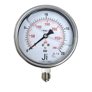Japsin Instrumentation economical glycerin filled pressure gauge 0 to 20 Bar 290 PSI 100 mm dial bottom entry 3/8 BSP stainless steel case SS wetted parts crimping type