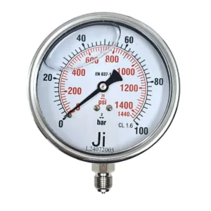 Japsin Instrumentation economical glycerin filled pressure gauge 0 to 100 Bar 1440 PSI 100 mm dial bottom entry 3/8 BSP stainless steel case SS wetted parts crimping type