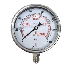 Japsin Instrumentation economical glycerin filled pressure gauge 0 to 140 Bar 2000 PSI 100 mm dial bottom entry 3/8 BSP stainless steel case SS wetted parts crimping type