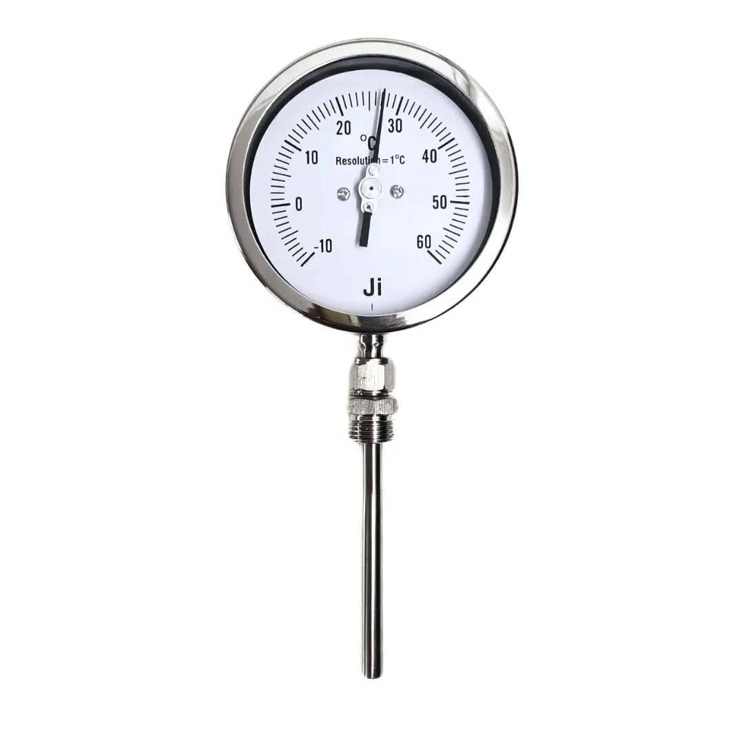 Japsin Instrumentation adjustable bimetal dial thermometer temperature gauge minus 10 to 60 degree C 4 inch dial bottom entry 6 inch stem 10 mm OD 1/2 BSP adjustable connection stainless steel case SS wetted parts