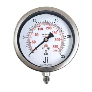 Japsin Instrumentation economical oxygen pressure gauge use no oil 0 to 25 Bar 360 PSI 100 mm dial bottom entry 1/4 BSP stainless steel bayonet case SS wetted parts