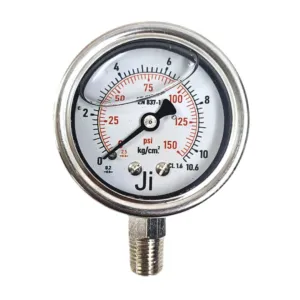Japsin Instrumentation economical glycerin filled pressure gauge 0 to 10.6 Kg cm2 150 PSI 50 mm dial bottom entry 1/4 NPT SS case SS wetted parts