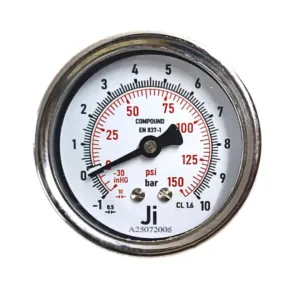 Japsin Instrumentation economical compound gauge -1 to 10.6 Bar 150 PSI 63 mm dial back entry 1/4 BSP SS case SS wetted parts
