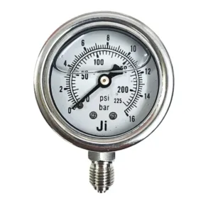 Japsin Instrumentation glycerin filled pressure gauge 0 to 16 Bar 230 PSI 50 mm dial 1/4 BSP bottom entry stainless steel bayonet case