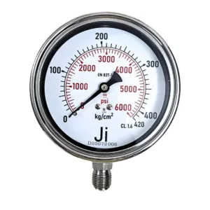 Japsin Instrumentation economical pressure gauge 0 to 420 Kg cm2 6000 PSI 100 mm dial bottom entry 3/8 BSP stainless steel bayonet case SS wetted parts