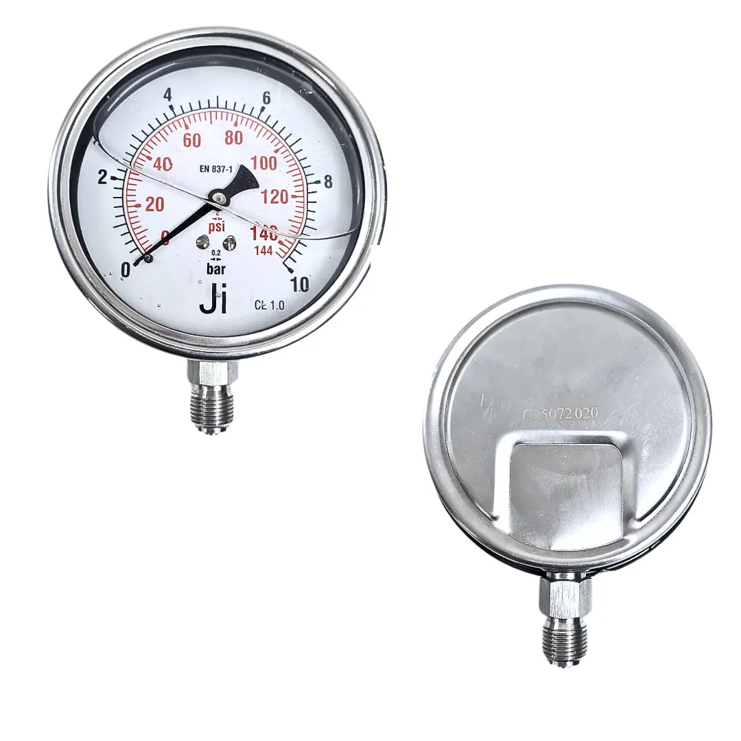 Economical Glycerin Filled Pressure Gauge, 4" (100 mm) Dial, Range 0 to 10 Bar with Dual Scale of 144 PSI, Direct Mounting Bottom Entry, 3/8" BSP (M) Connection, SS Case & SS Wetted Parts - Image 2