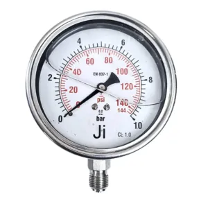 Japsin Instrumentation economical glycerin filled pressure gauge 0 to 10 Bar 144 PSI 100 mm dial bottom entry 3/8 BSP stainless steel bayonet case SS wetted parts