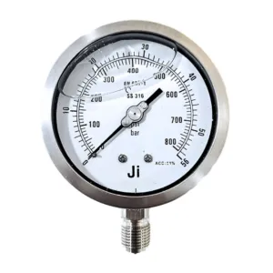 Japsin Instrumentation glycerin filled industrial pressure gauge 0-56 Bar 800 PSI 100 mm dial with 1/2 inch BSP bottom entry stainless steel bayonet case