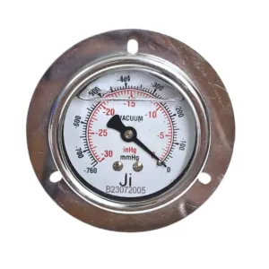 Japsin Instrumentation economical glycerin filled vacuum gauge -760 mmHg to 0 -30 inHg 63 mm panel mounting back entry 1/4 BSP SS case SS wetted parts