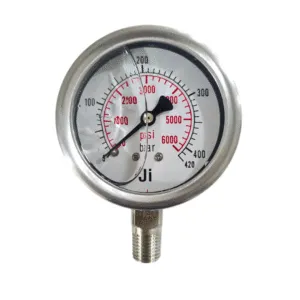 Japsin Instrumentation glycerin filled industrial pressure gauge 0-420 Bar 6000 PSI 63 mm dial with 1/4 inch NPT bottom entry and stainless steel bayonet case