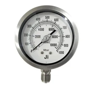 Japsin Instrumentation capsule pressure gauge 0-10000 mmWC 0-1000 mBar with 100 mm dial stainless steel case 1/2 inch BSP connection and micro adjustable pointer