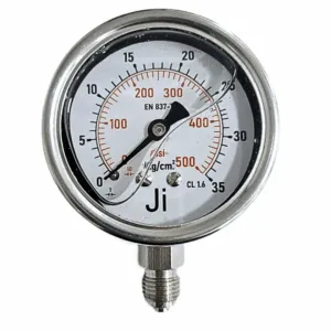 Japsin Instrumentation economical glycerin filled pressure gauge 0 to 35 Kg cm2 500 PSI 63 mm dial bottom entry 1/4 BSP SS case SS wetted parts