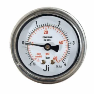 Japsin Instrumentation economical compound gauge -1 to 4 Bar -760 mmHg to 60 PSI 63 mm dial back entry 1/4 BSP SS case SS wetted parts