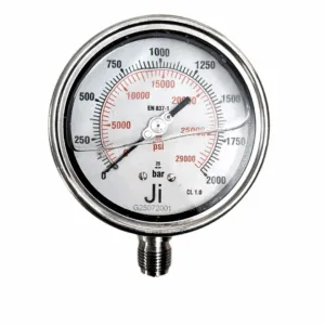 Japsin Instrumentation glycerin filled industrial pressure gauge 0 to 2000 Bar With Dual Scale of 29000 PSI 100 mm dial with 1/2 inch BSP bottom entry stainless steel bayonet case