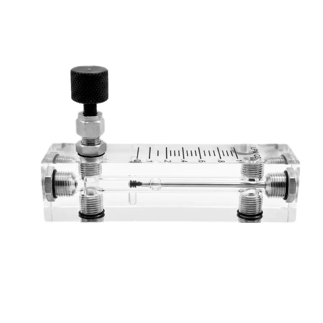 Front view acrylic tube rotameter showing float indicator and flow scale for oxygen gas measurement