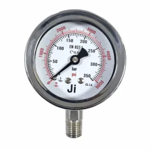 Japsin Instrumentation economical pressure gauge 0 to 350 Bar 5000 PSI 63 mm dial bottom entry 1/4 NPT SS case SS wetted parts