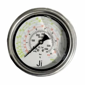 Japsin Instrumentation refrigeration pressure gauge for R22 R134A R404A R407A -1 to 38 Bar -30 inHg to 550 PSI 100 mm panel mounting back entry 1/4 BSP SS ferrule tube fittings stainless steel bayonet case