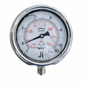 Japsin Instrumentation economical glycerin filled compound gauge -1 to 10.6 Kg cm2 -760 mmHg to 150 PSI 100 mm surface mounting bottom entry 3/8 BSP stainless steel bayonet case SS wetted parts