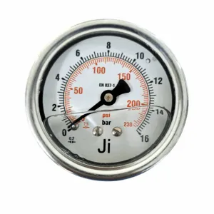 Japsin Instrumentation economical glycerin filled pressure gauge 0 to 16 Bar 230 PSI 63 mm dial back entry 1/4 BSP SS case SS wetted parts