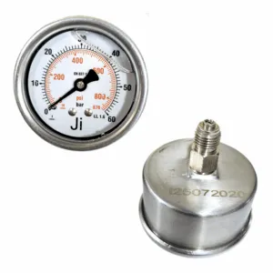 Japsin Instrumentation economical glycerin filled pressure gauge 0 to 60 Bar 870 PSI 63 mm dial back entry 1/4 BSP SS case SS wetted parts