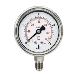 Japsin Instrumentation economical glycerin filled pressure gauge 0 to 4 Bar 58 PSI 63 mm dial bottom entry 1/4 BSP SS case SS wetted parts