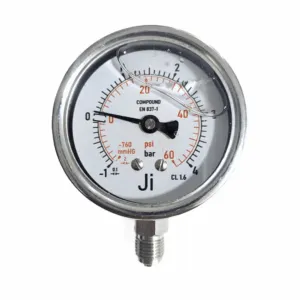 Japsin Instrumentation economical compound gauge -1 to 4 Bar -760 mmHg to 60 PSI 63 mm dial bottom entry 1/4 BSP SS case SS wetted parts