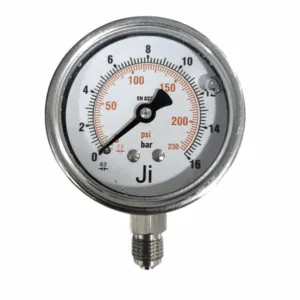 Japsin Instrumentation economical glycerin filled pressure gauge 0 to 16 Bar 230 PSI 63 mm dial bottom entry 1/4 BSP SS case SS wetted parts