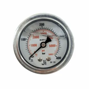 Japsin Instrumentation economical glycerin filled pressure gauge 0 to 400 Bar 5800 PSI 50 mm dial back entry 1/8 BSP SS case SS wetted parts