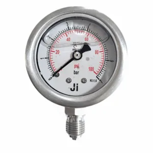 Japsin Instrumentation glycerin filled Industrial pressure gauge 0 to 7 Bar 100 PSI 50 mm dial bottom entry 1/4 BSP stainless steel bayonet case