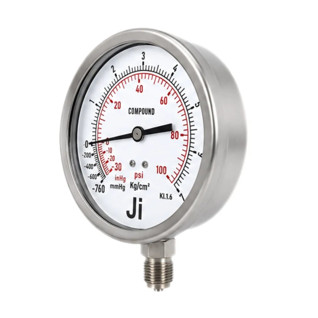 Japsin Instrumentation economical compound gauge -760 mmHg to 7 Kg cm2 -30 inHg to 100 PSI 100 mm dial 3/8 Inch BSP bottom entry stainless steel case