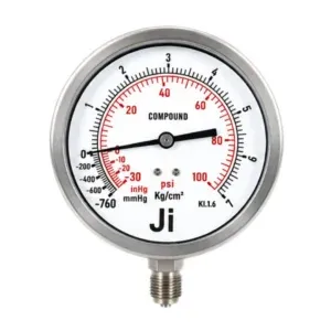 Japsin Instrumentation economical compound gauge -760 mmHg to 7 Kg cm2 -30 inHg to 100 PSI 100 mm dial 3/8 Inch BSP bottom entry stainless steel case
