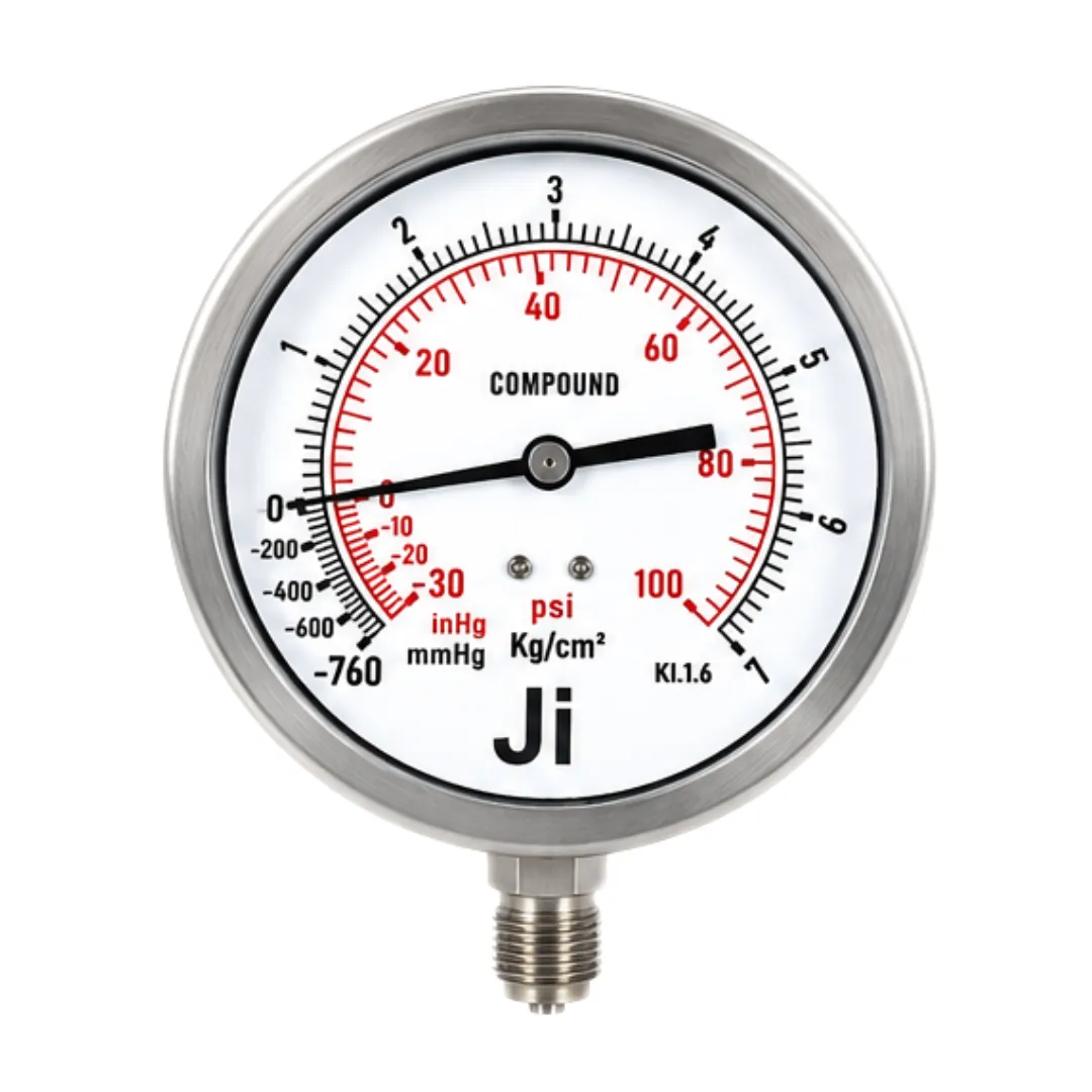Japsin Instrumentation economical compound gauge -760 mmHg to 7 Kg cm2 -30 inHg to 100 PSI 100 mm dial 3/8 Inch BSP bottom entry stainless steel case