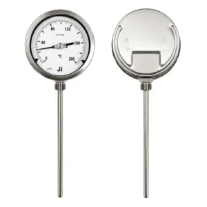 Japsin Instrumentation bimetal dial thermometer 0-200 degree Celsius 4 inch dial 12 inch stem 1/2 inch BSP bottom entry stainless steel temperature gauge