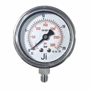Japsin Instrumentation economical pressure gauge 0 to 21 Bar 300 PSI 63 mm dial bottom entry 1/8 BSP SS case SS wetted parts