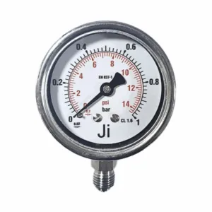 Japsin Instrumentation economical pressure gauge 0 to 1 Bar 14 PSI 63 mm dial bottom entry 1/4 BSP SS case SS wetted parts
