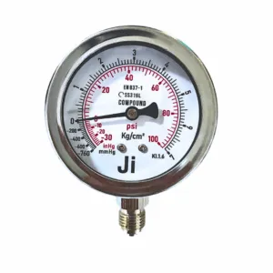 Japsin Instrumentation economical compound gauge -760 mmHg to 7 Kg cm2 -30 inHg to 100 PSI 63 mm dial bottom entry 1/4 BSP SS case SS wetted parts