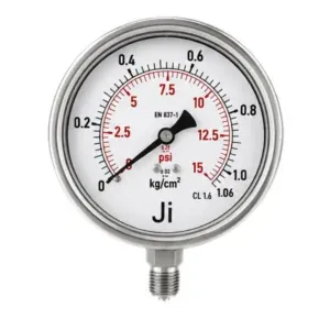 Japsin Instrumentation economical pressure gauge 0 to 1.06 Kg cm2 15 PSI 100 mm dial bottom entry 3/8 BSP stainless steel bayonet case SS wetted parts