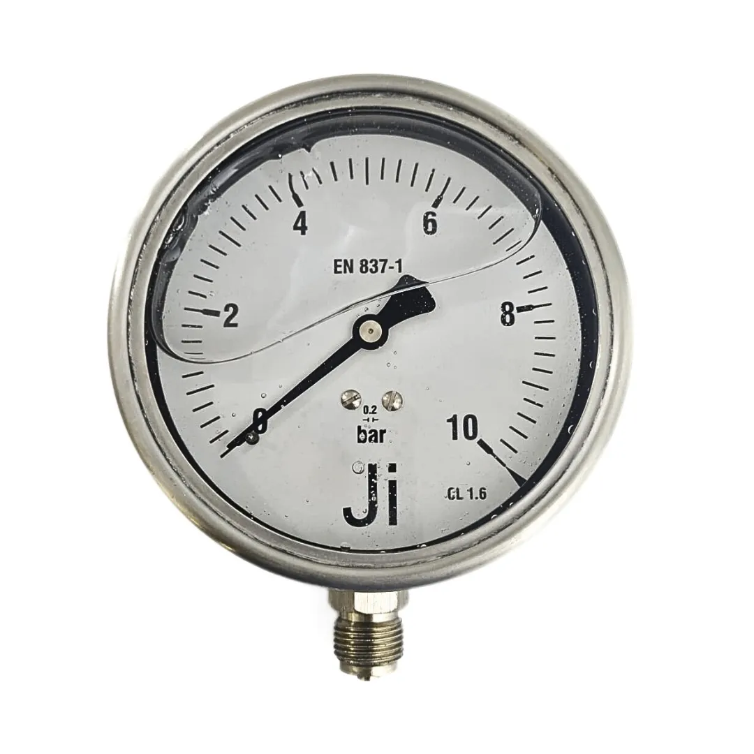 Japsin Instrumentation economical glycerin filled pressure gauge 0 to 10 Bar single scale 100 mm dial bottom entry 3/8 BSP stainless steel bayonet case SS wetted parts