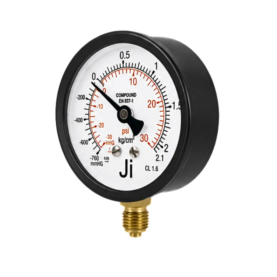 Japsin Instrumentation commercial compound gauge -760 mmHg to 2.1 Kg cm2 -30 inHg to 30 PSI 63 mm dial bottom entry 1/4 BSP MS case brass internals