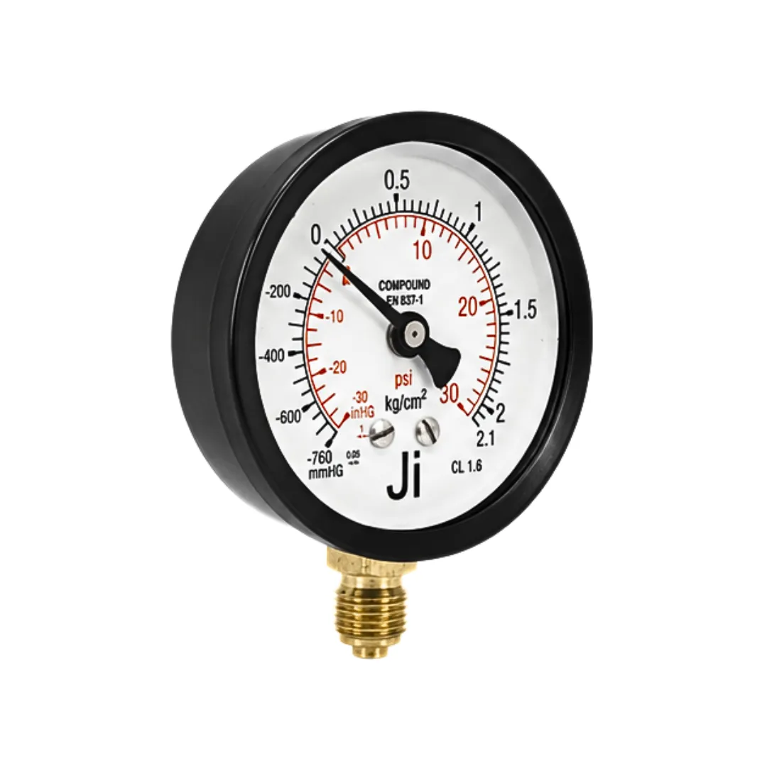 Commercial Compound Gauge, Dial Size 2 1/2" (63 mm), Range -760 mmHg to 2.1 Kg/Cm2 with Dual scale of -30 inHg to 30 PSI, Direct Mounting Bottom Entry, 1/4" BSP (M) Connection, MS Case & Brass Internals - Image 3