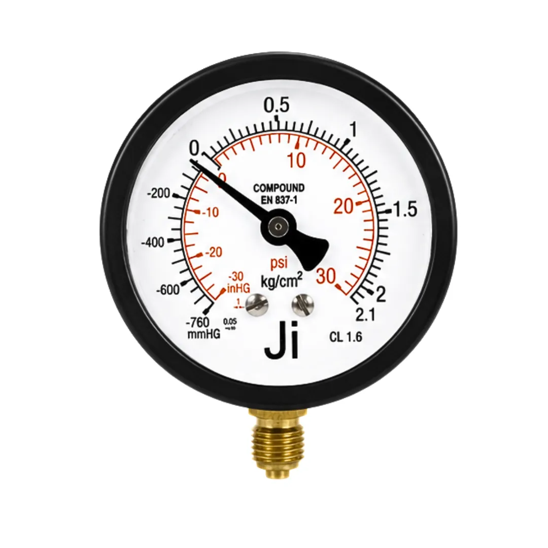 Japsin Instrumentation commercial compound gauge -760 mmHg to 2.1 Kg cm2 -30 inHg to 30 PSI 63 mm dial bottom entry 1/4 BSP MS case brass internals