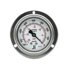 Japsin Instrumentation economical glycerin filled vacuum gauge -760 mmHg to 0 -30 inHg 63 mm panel mounting back entry 1/4 NPT SS case SS wetted parts